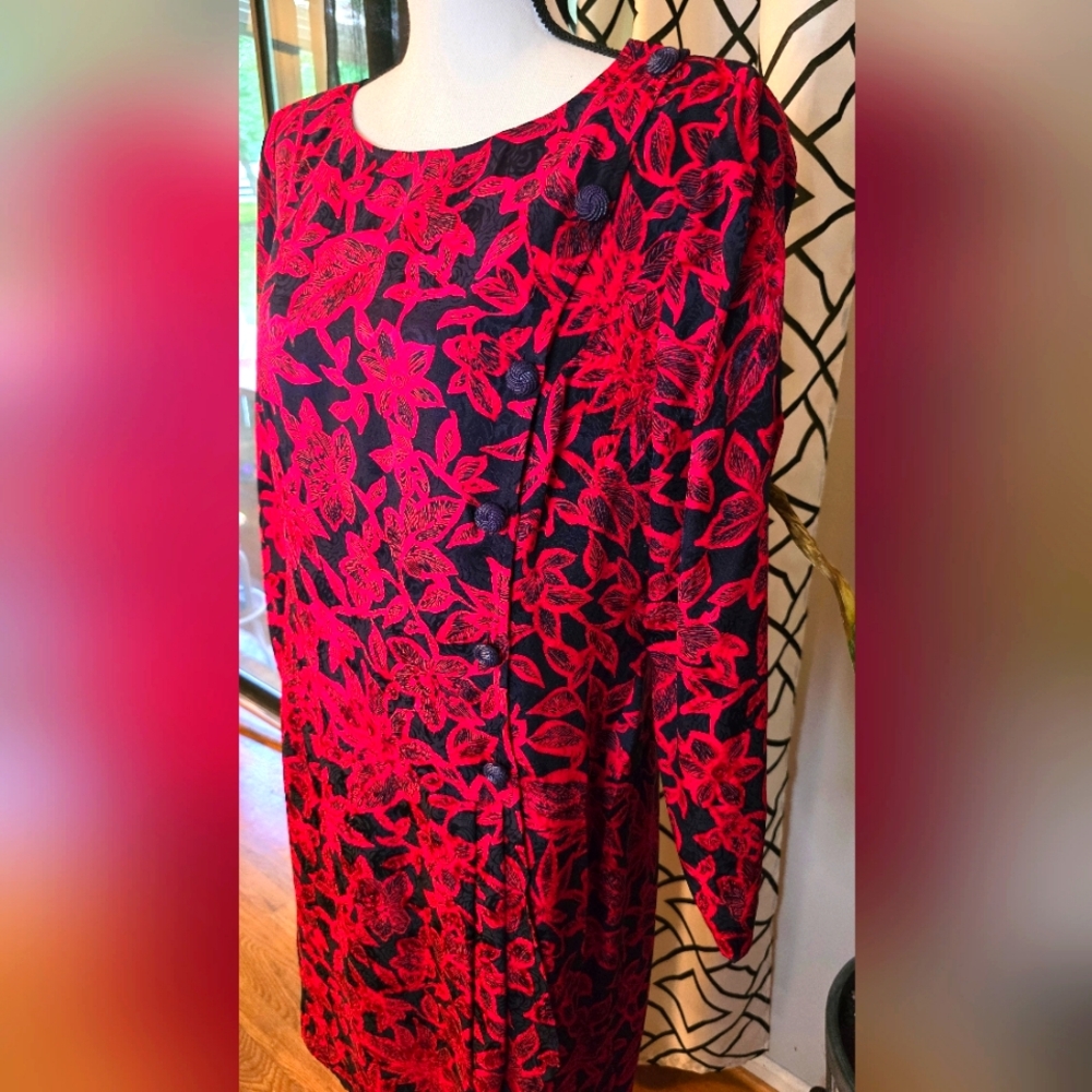 80s Floral Silk Dress.  Black and Red.